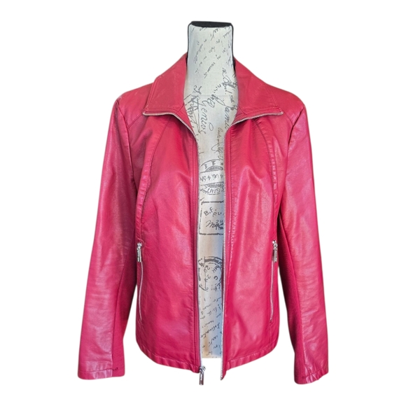 Kenneth Cole Reaction Red Faux Leather Zip Up Jacket L - Picture 1 of 10